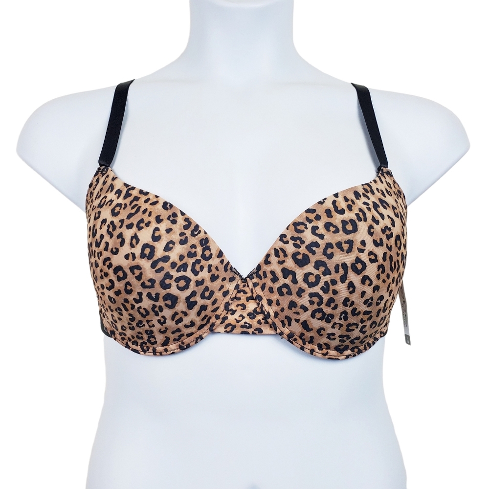 Bebe Black Tan Leopard Animal Print Gentle Lift Bra Size 34DD NWT
